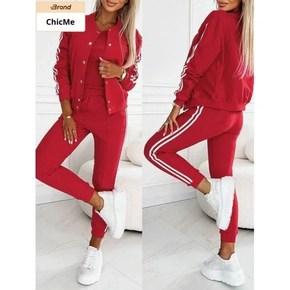 ChicMe Red 3 Piece Tracksuit Set Bomber Jacket Tank Top Joggers Stripes Size XL - Picture 3 of 11